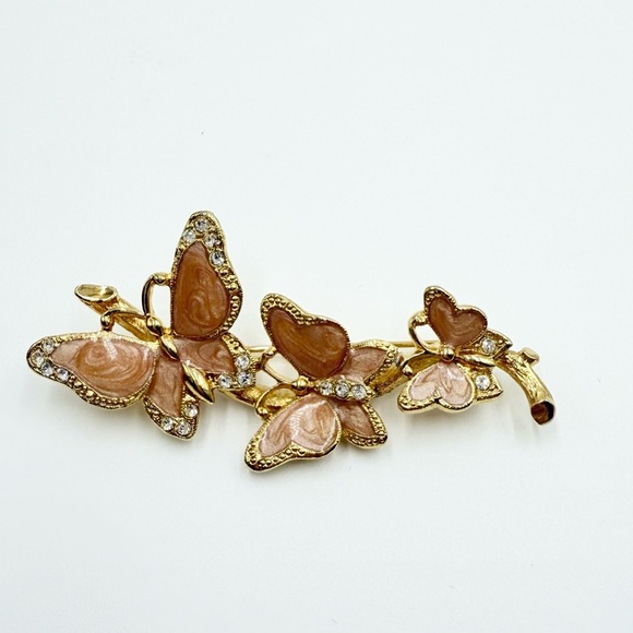 Vintage 90s Avon Butterflies Trio Enamel Swirls Rhinestones Gold Tone Brooch - Picture 3 of 7